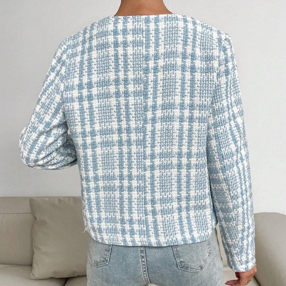 Blue Preppy Womens Plaid Pattern Open Front Overcoat - Picture 2 of 5